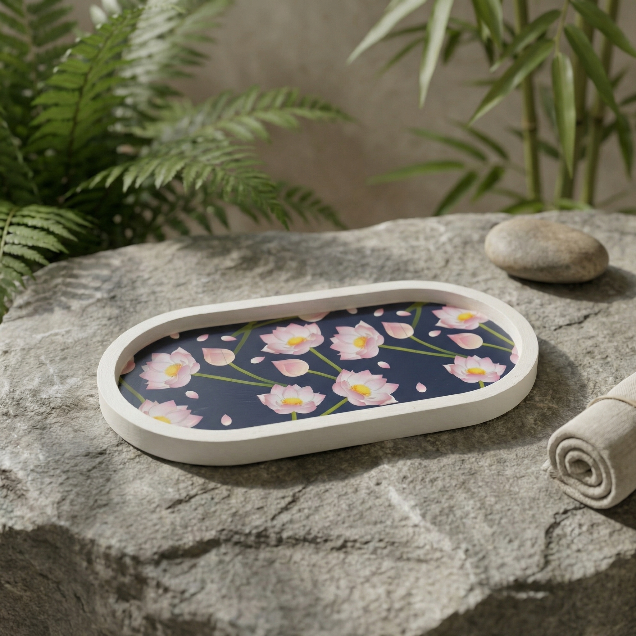 Jesmonite Lotus Oval Coaster Tray | Handmade Decorative Drink Coaster for Modern Home Décor
