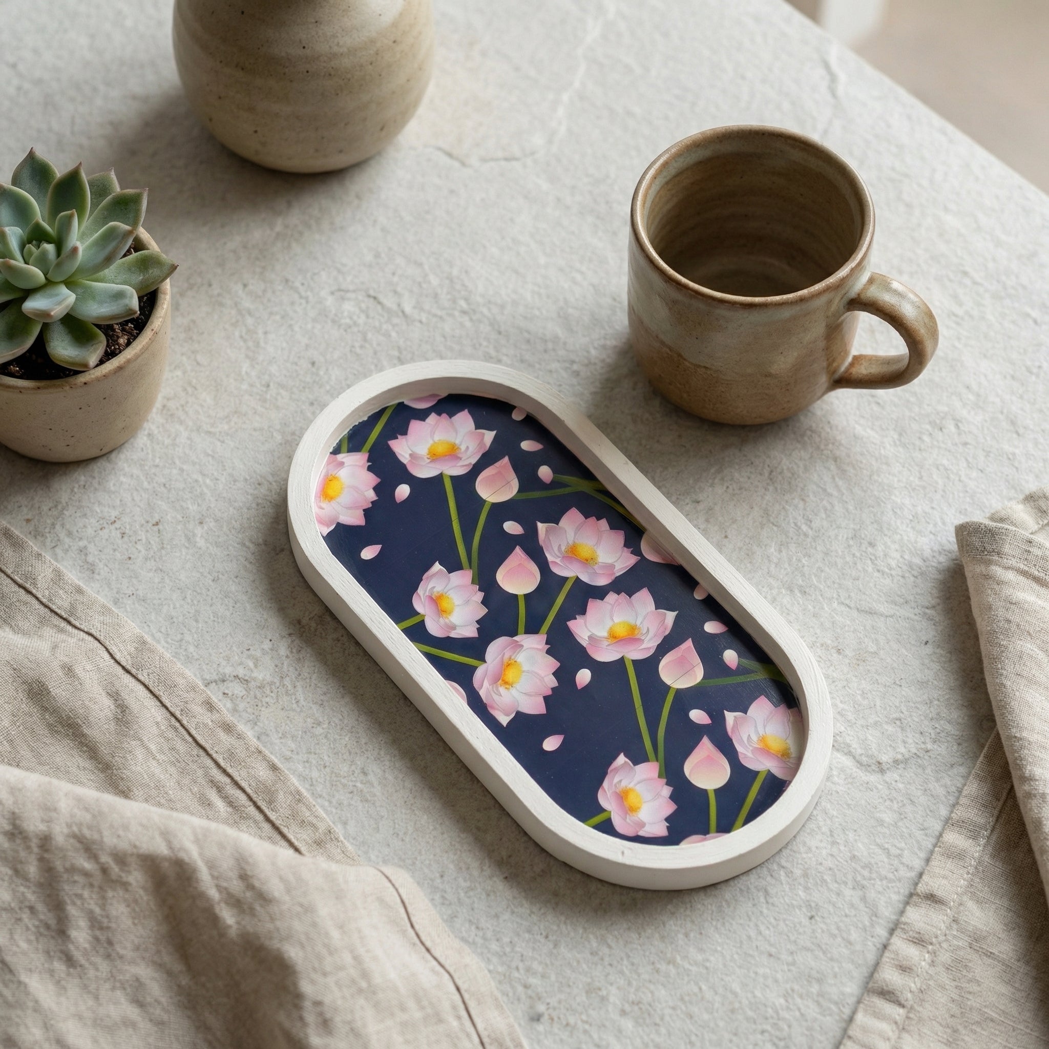 Jesmonite Lotus Oval Coaster Tray | Handmade Decorative Drink Coaster for Modern Home Décor