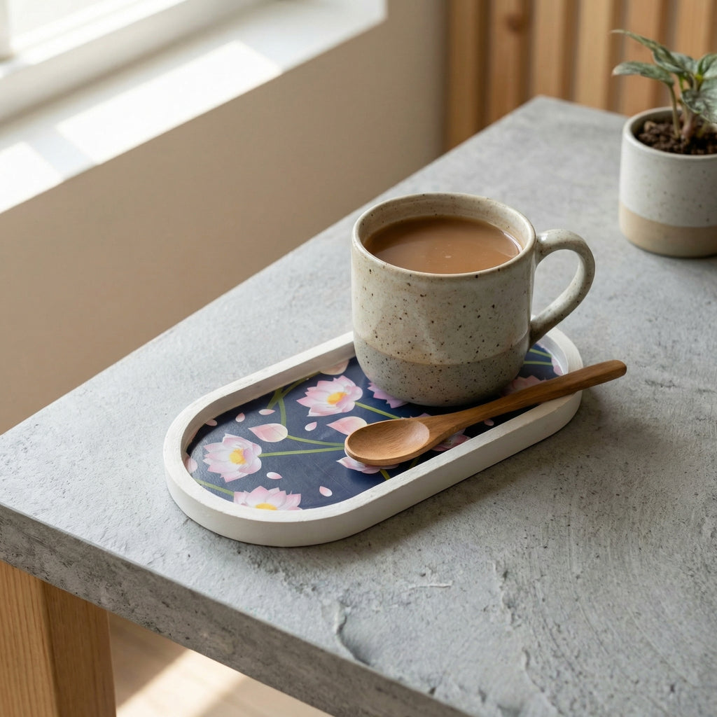 Jesmonite Lotus Oval Coaster Tray | Handmade Decorative Drink Coaster for Modern Home Décor
