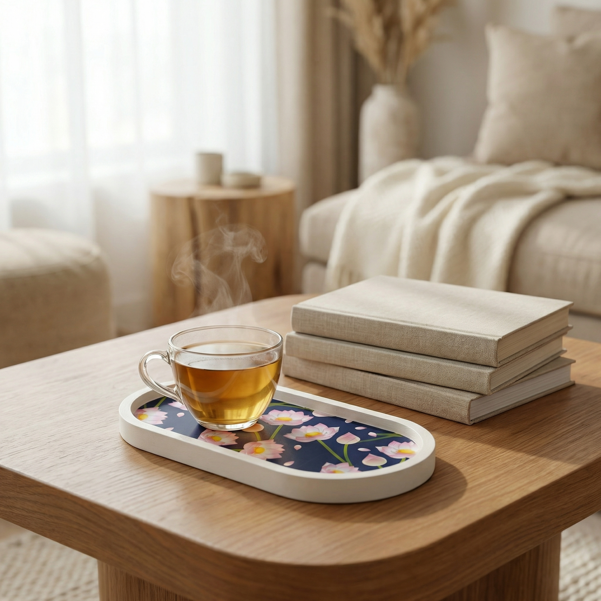 Jesmonite Lotus Oval Coaster Tray | Handmade Decorative Drink Coaster for Modern Home Décor