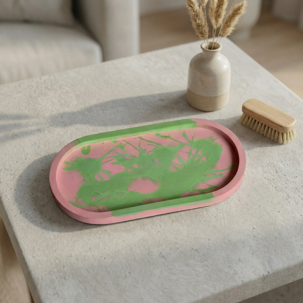 Jesmonite Oval Tray – Pink & Green Abstract Design | Handcrafted Decorative Catchall Tray for Vanity, Coffee Table & Modern Home Styling