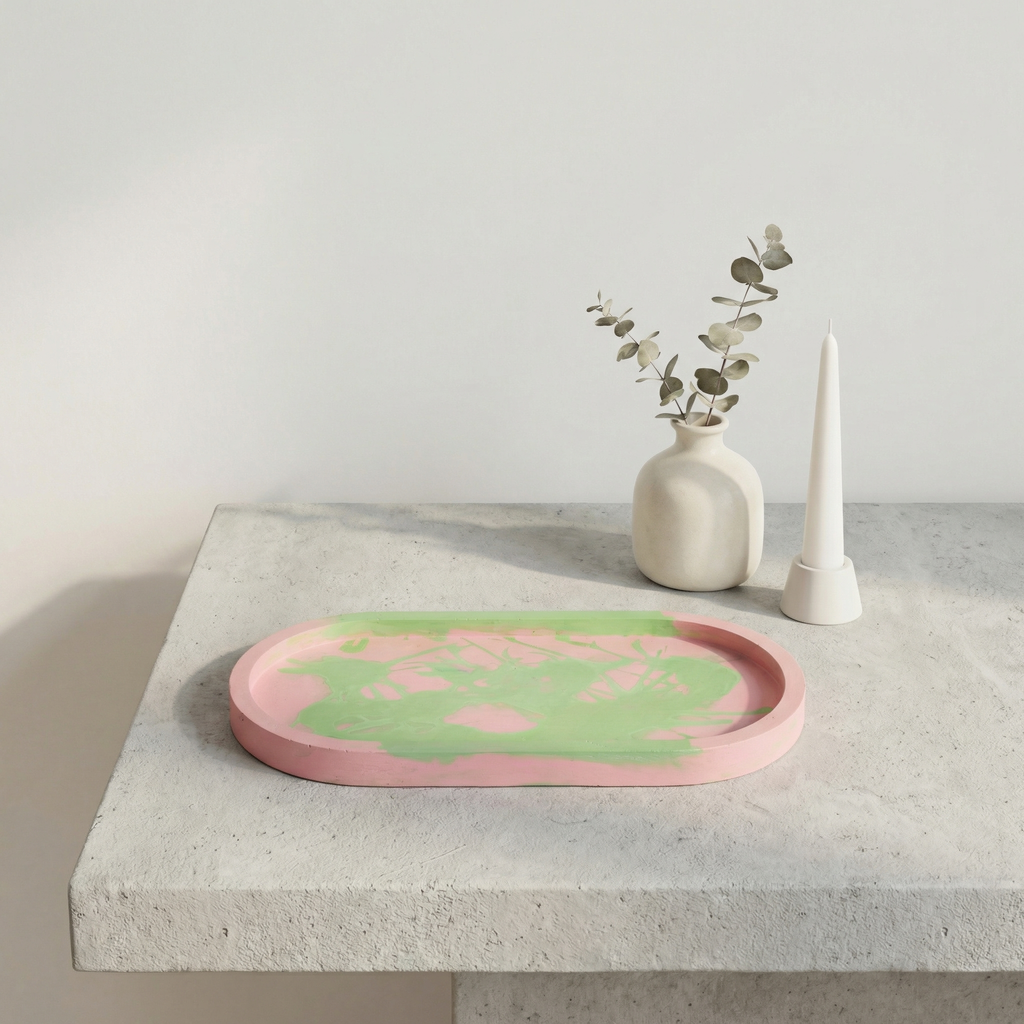 Jesmonite Oval Tray – Pink & Green Abstract Design | Handcrafted Decorative Catchall Tray for Vanity, Coffee Table & Modern Home Styling