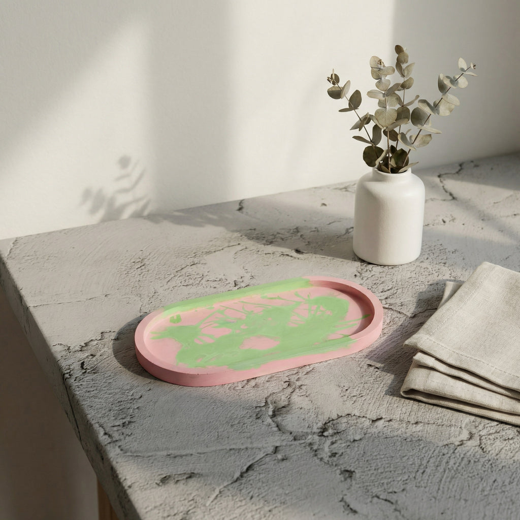 Jesmonite Oval Tray – Pink & Green Abstract Design | Handcrafted Decorative Catchall Tray for Vanity, Coffee Table & Modern Home Styling