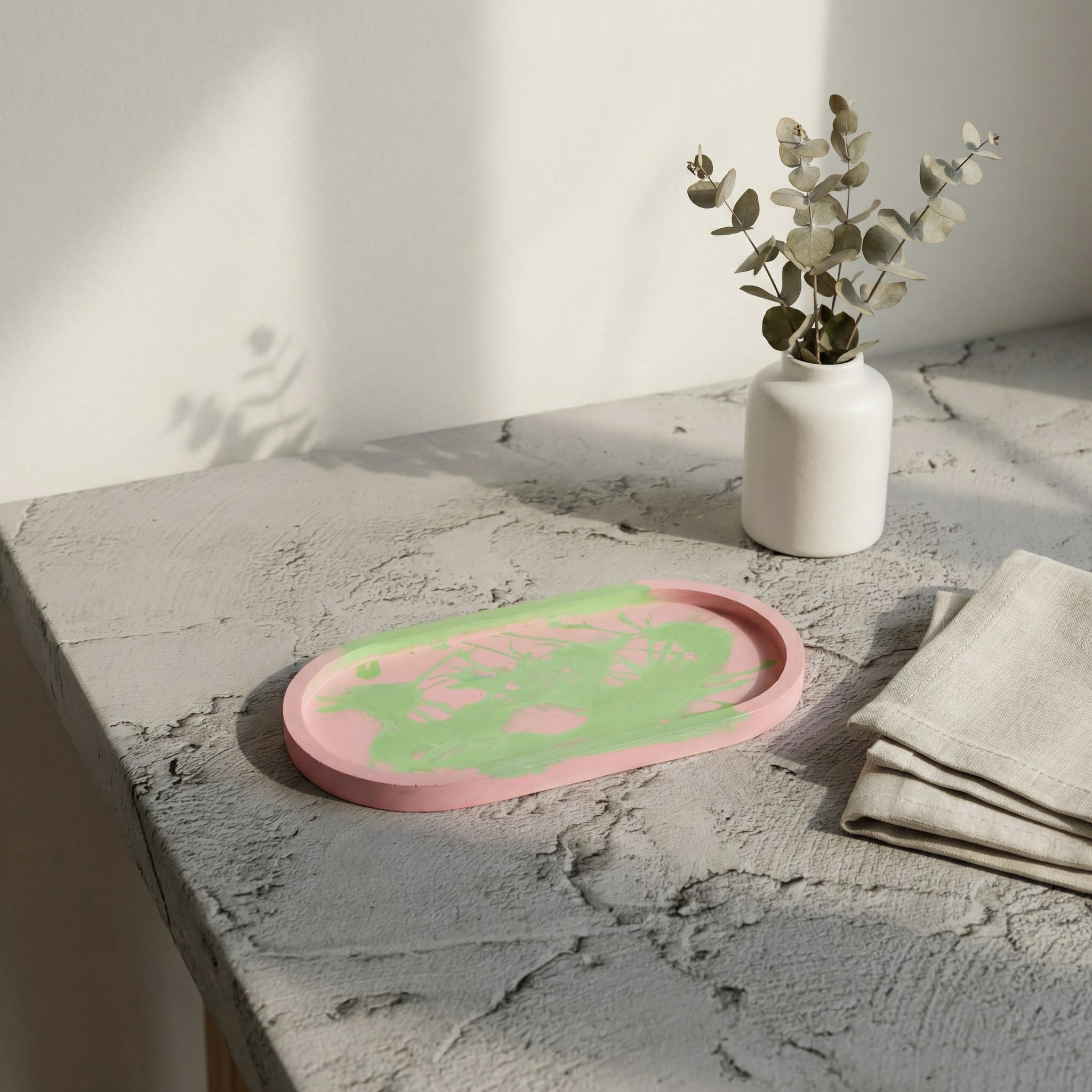 Jesmonite Oval Tray – Pink & Green Abstract Design | Handcrafted Decorative Catchall Tray for Vanity, Coffee Table & Modern Home Styling