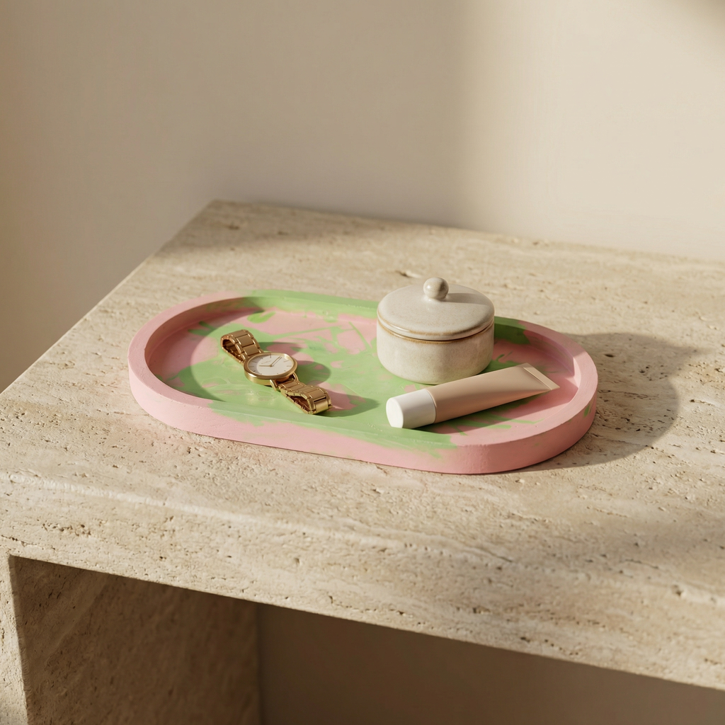 Jesmonite Oval Tray – Pink & Green Abstract Design | Handcrafted Decorative Catchall Tray for Vanity, Coffee Table & Modern Home Styling