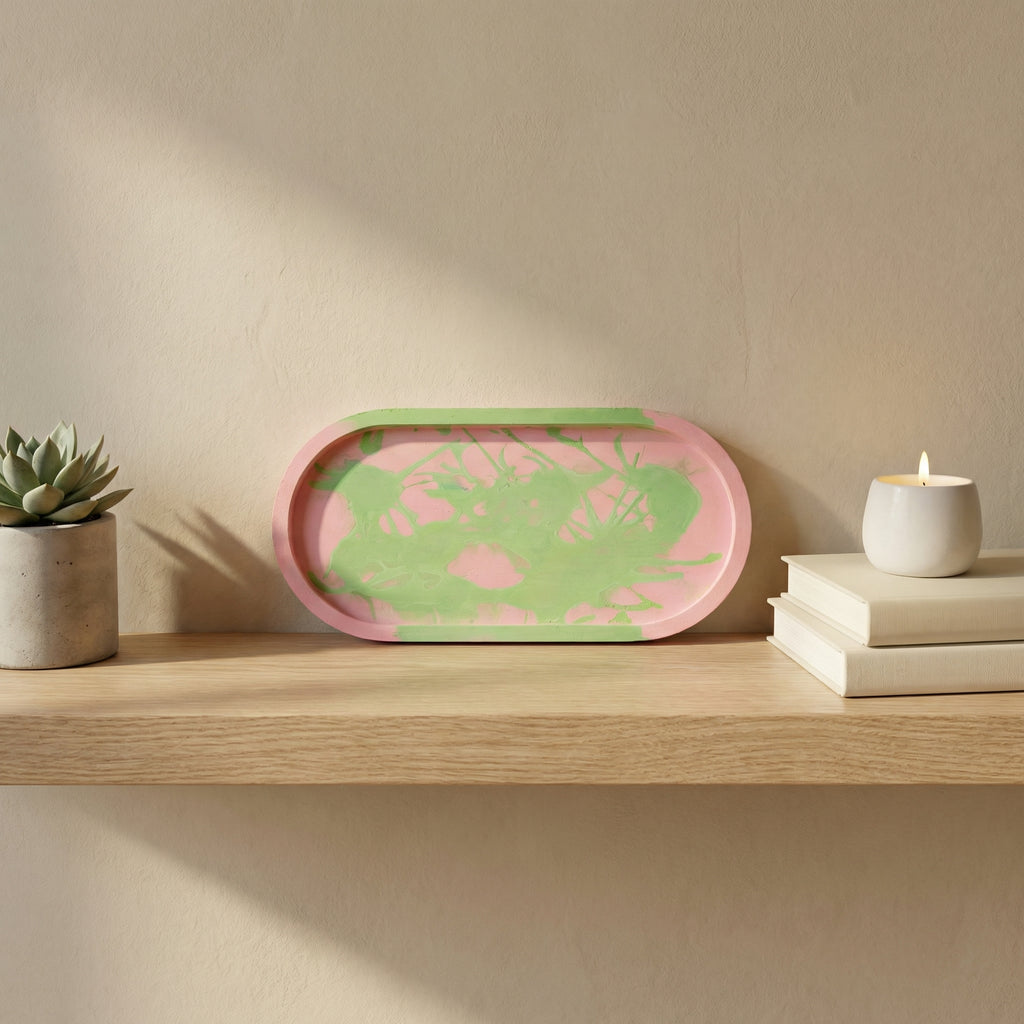 Jesmonite Oval Tray – Pink & Green Abstract Design | Handcrafted Decorative Catchall Tray for Vanity, Coffee Table & Modern Home Styling