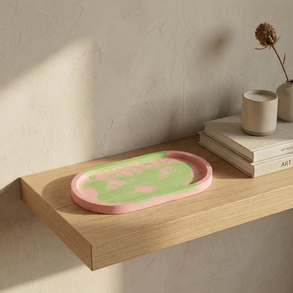 Jesmonite Oval Tray – Pink & Green Abstract Design | Handcrafted Decorative Catchall Tray for Vanity, Coffee Table & Modern Home Styling