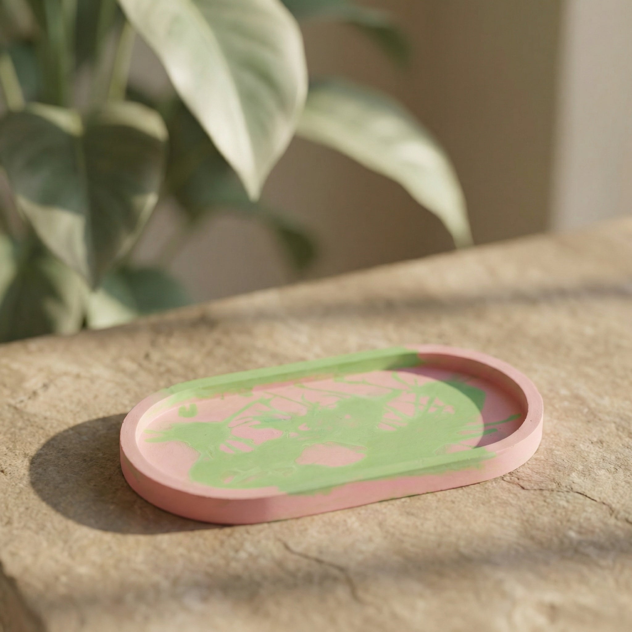 Jesmonite Oval Tray – Pink & Green Abstract Design | Handcrafted Decorative Catchall Tray for Vanity, Coffee Table & Modern Home Styling