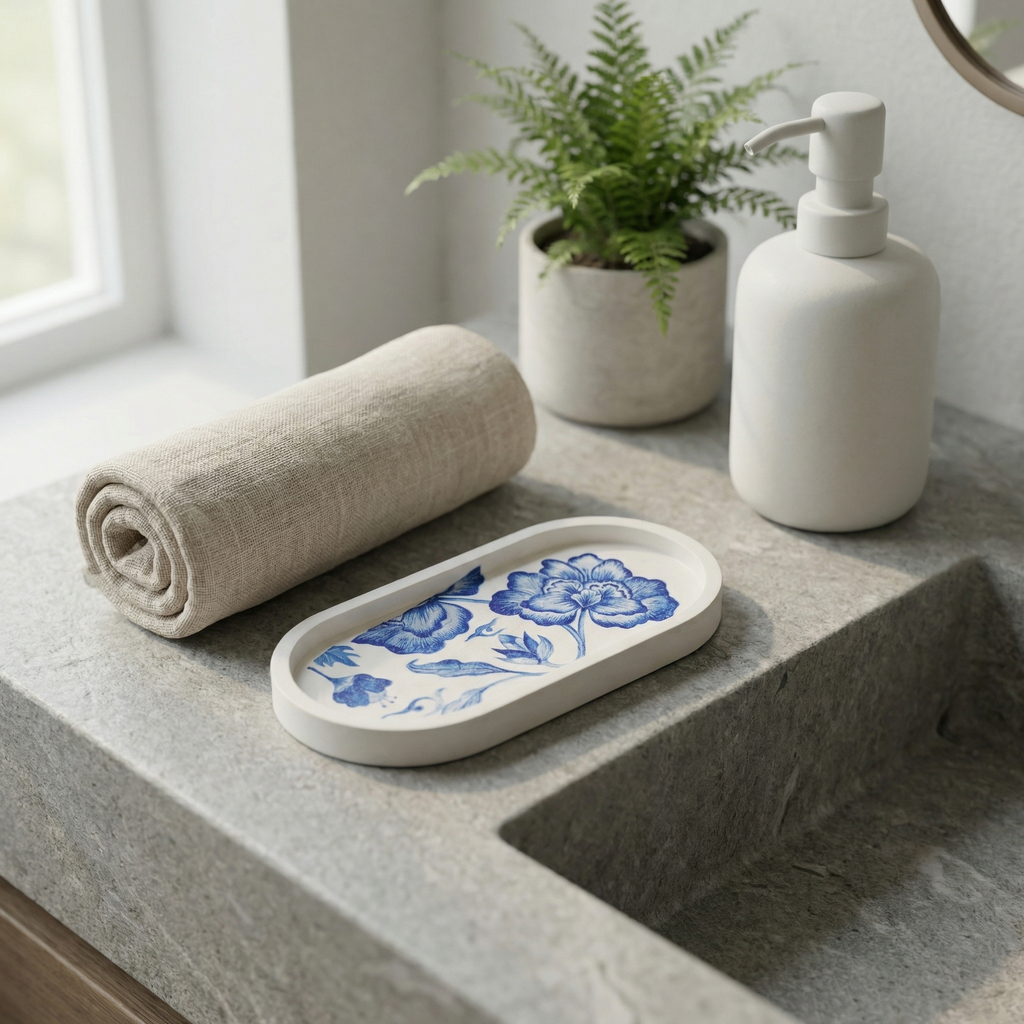 Blue Floral Jesmonite Oval Tray – Handcrafted Decorative Vanity Tray | Modern Trinket & Jewellery Organizer