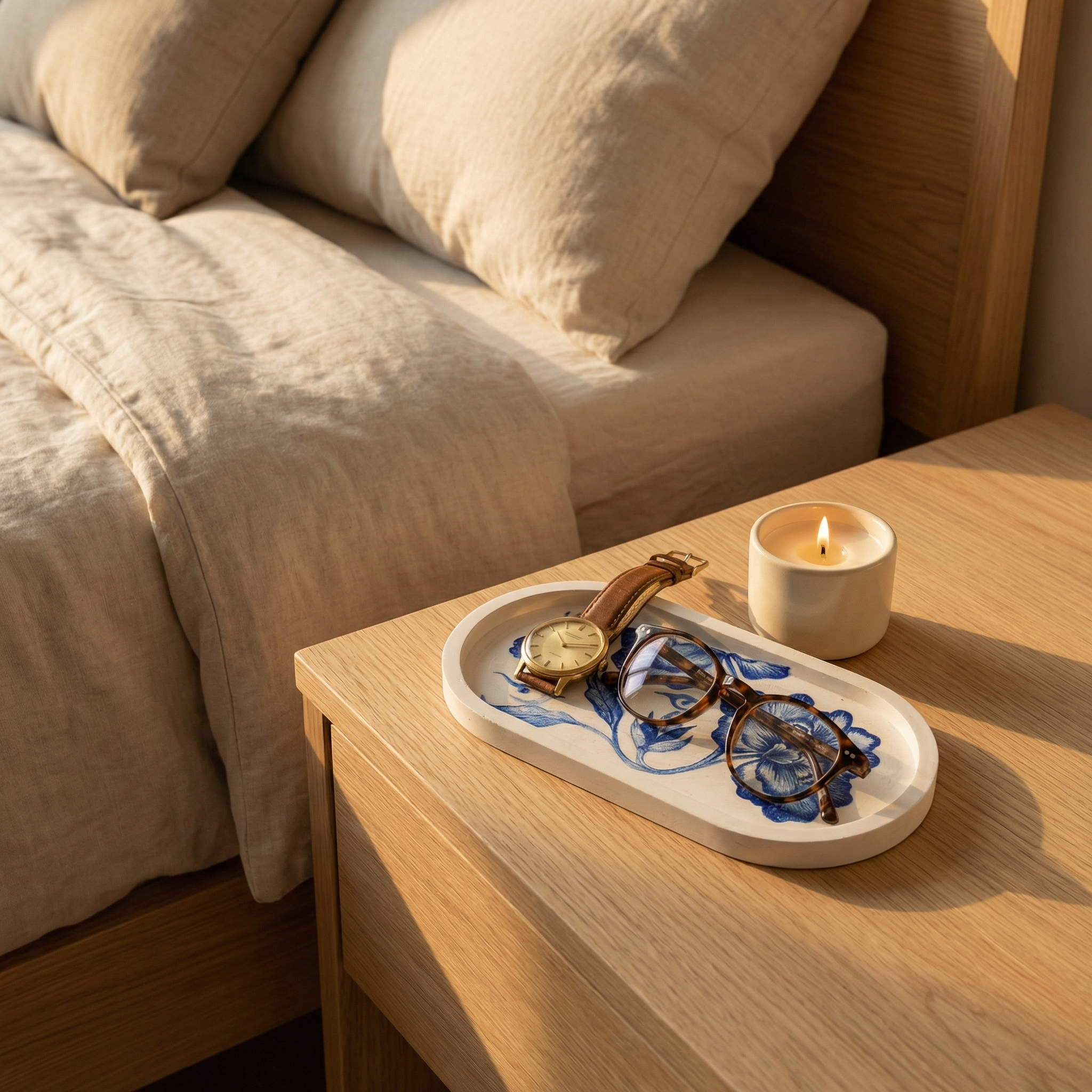 Blue Floral Jesmonite Oval Tray – Handcrafted Decorative Vanity Tray | Modern Trinket & Jewellery Organizer