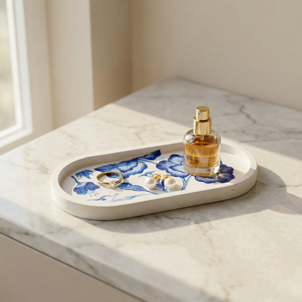 Blue Floral Jesmonite Oval Tray – Handcrafted Decorative Vanity Tray | Modern Trinket & Jewellery Organizer