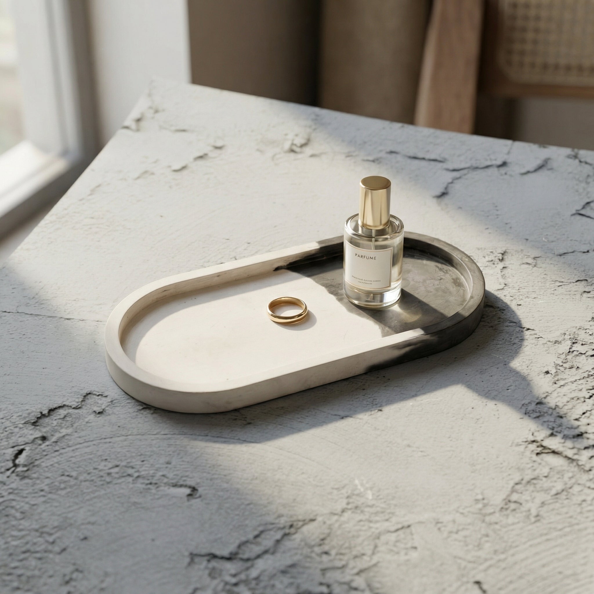 Handcrafted Jesmonite Oval Tray – Ivory & Charcoal Marble Effect Decorative Organizer Tray for Vanity, Coffee Table & Home Décor