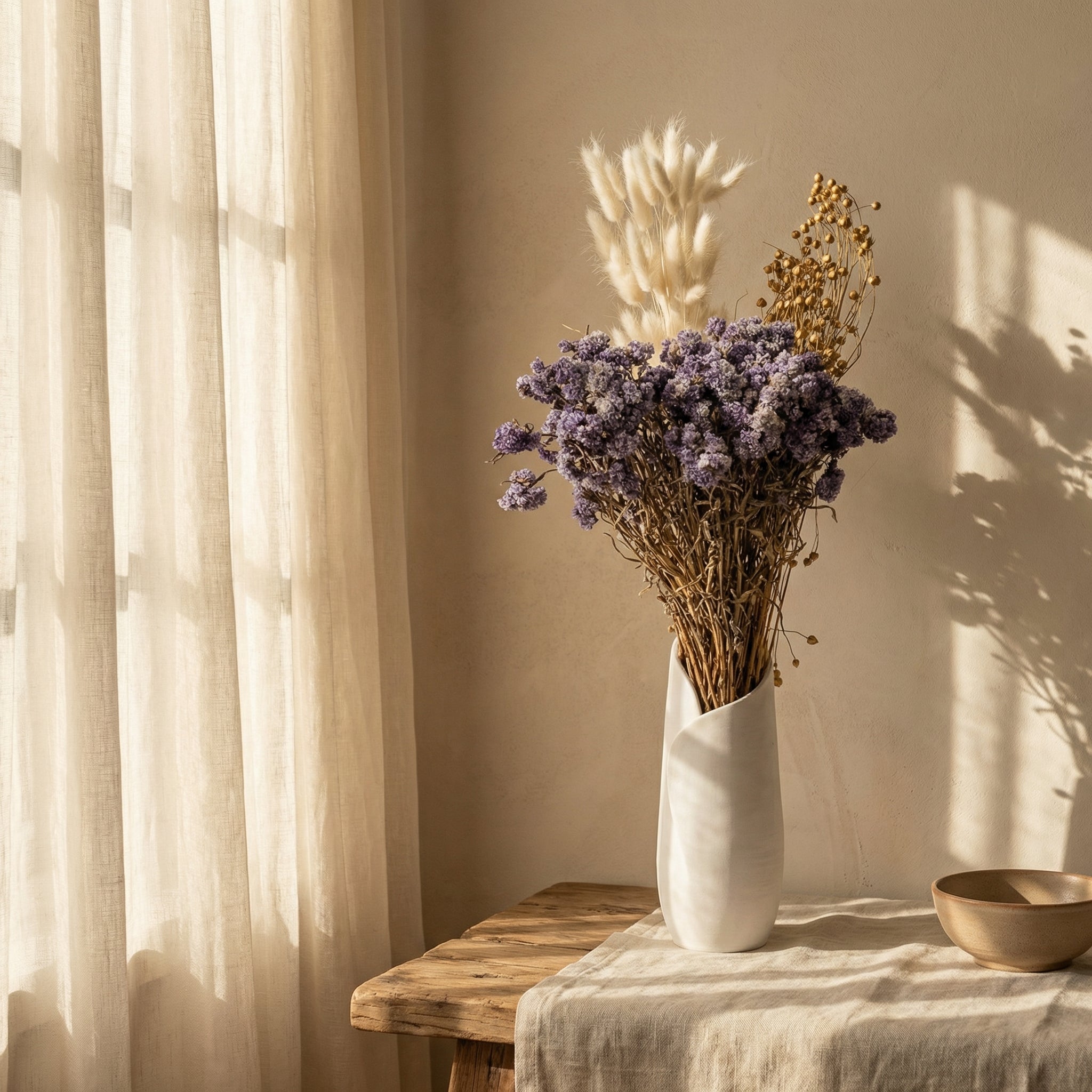 Premium Dry Flower Arrangement – Lavender Daisy, Bunny Tail & Golden Buds | Timeless Botanica Decor