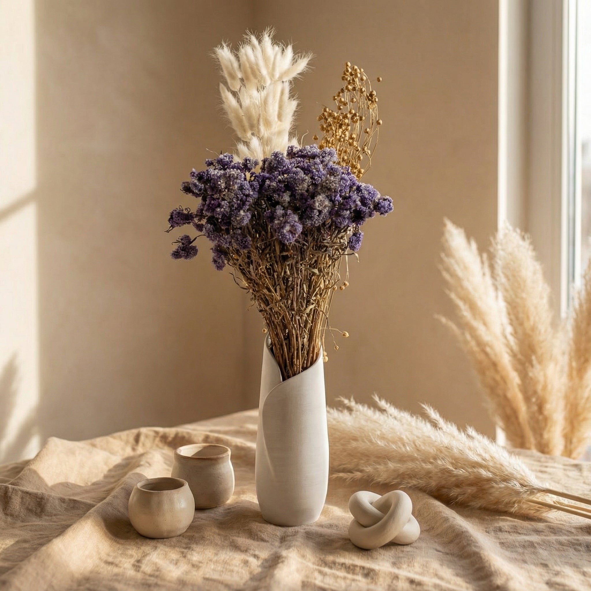 Premium Dry Flower Arrangement – Lavender Daisy, Bunny Tail & Golden Buds | Timeless Botanica Decor