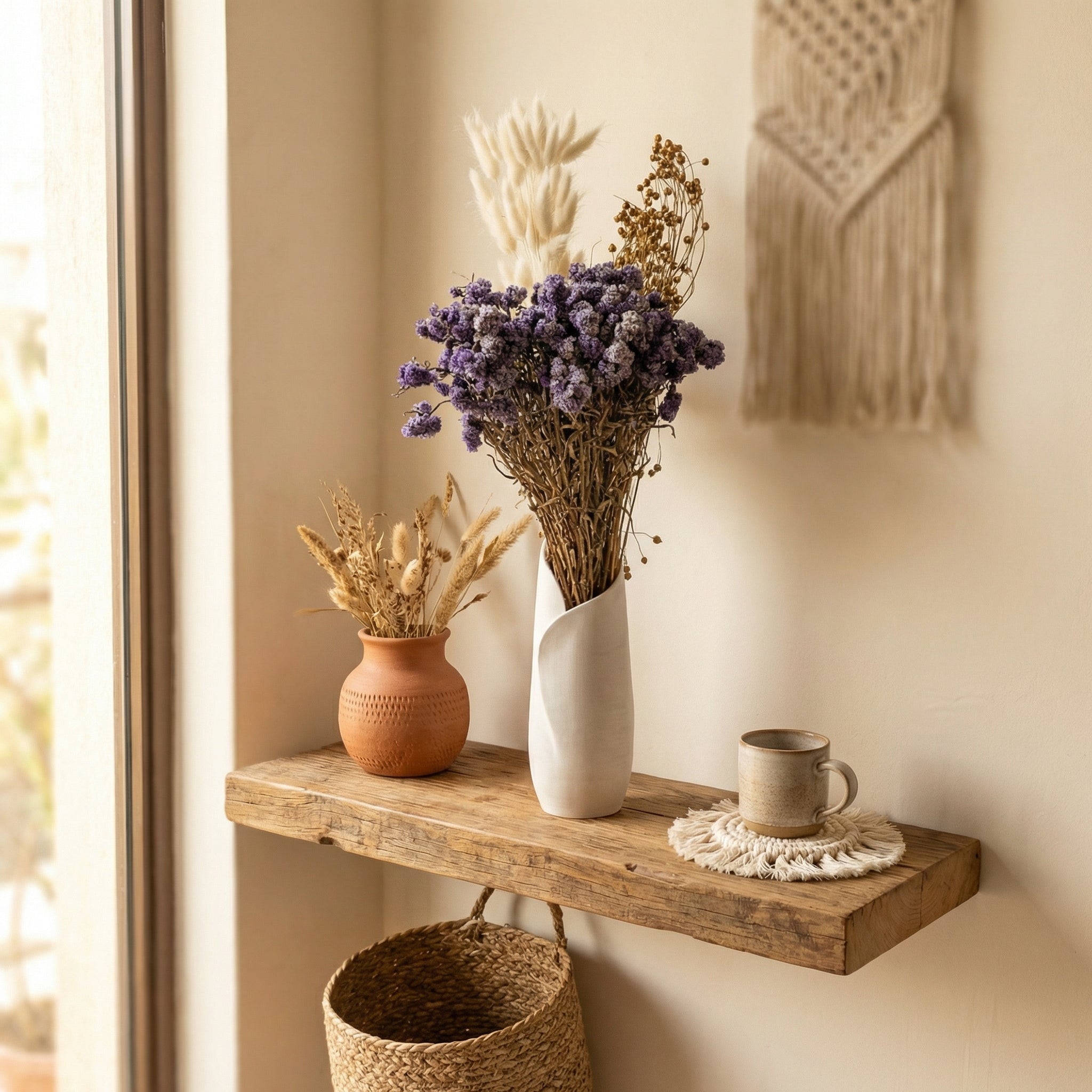 Premium Dry Flower Arrangement – Lavender Daisy, Bunny Tail & Golden Buds | Timeless Botanica Decor