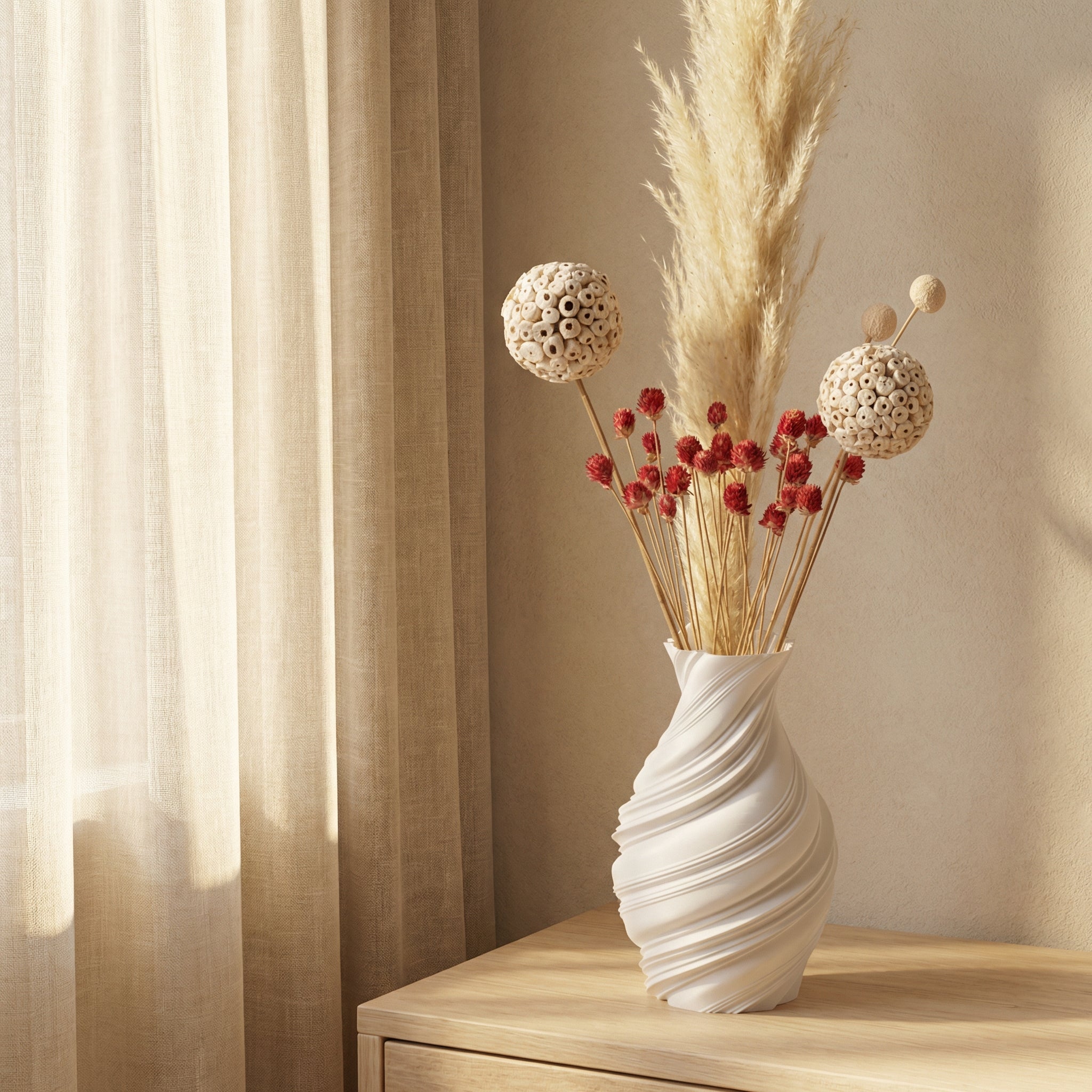 Premium Dry Flower Arrangement – White Pampas, Atta Ball, Billy Ball & Gomphrena | Minimal Botanical Decor (70gm)