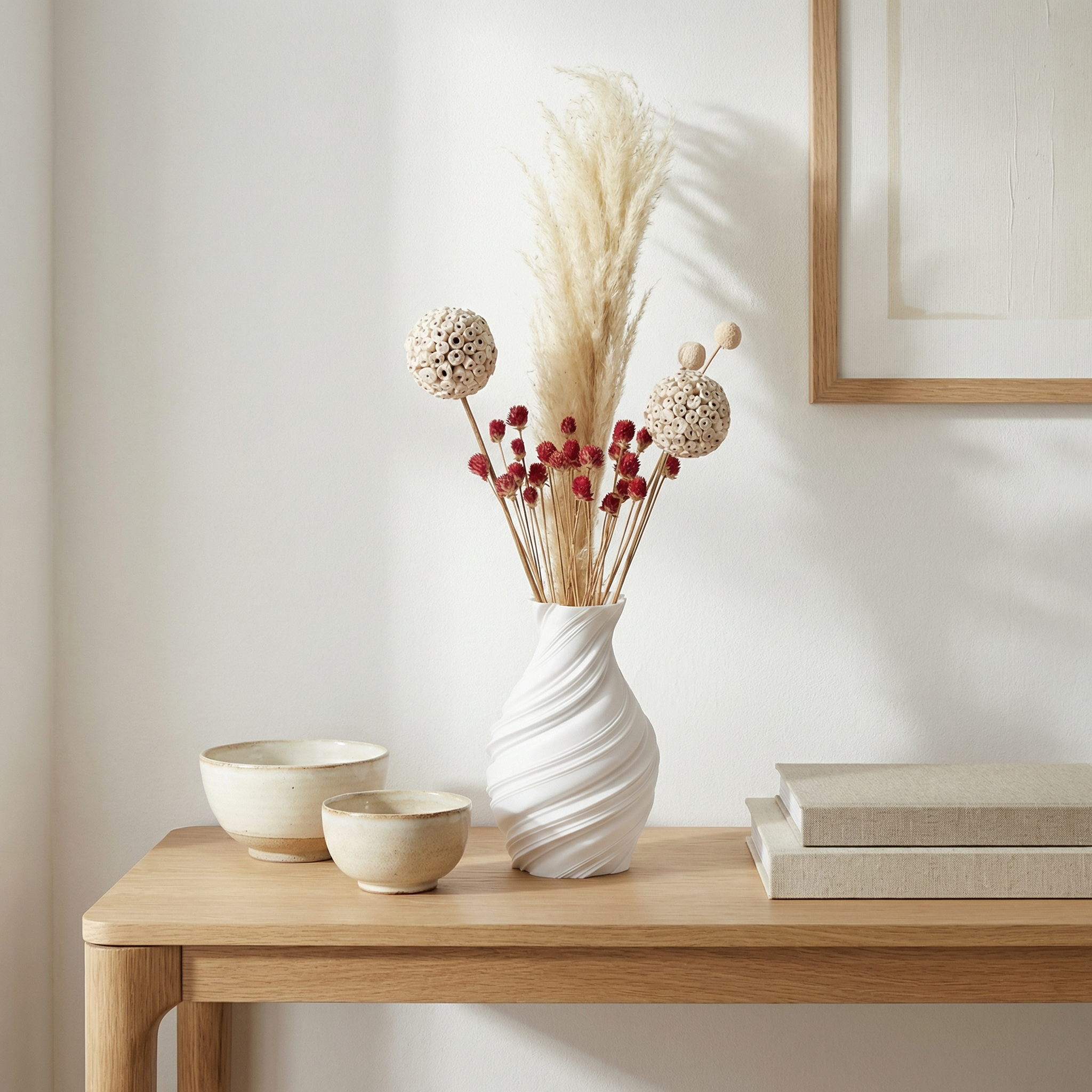 Premium Dry Flower Arrangement – White Pampas, Atta Ball, Billy Ball & Gomphrena | Minimal Botanical Decor (70gm)