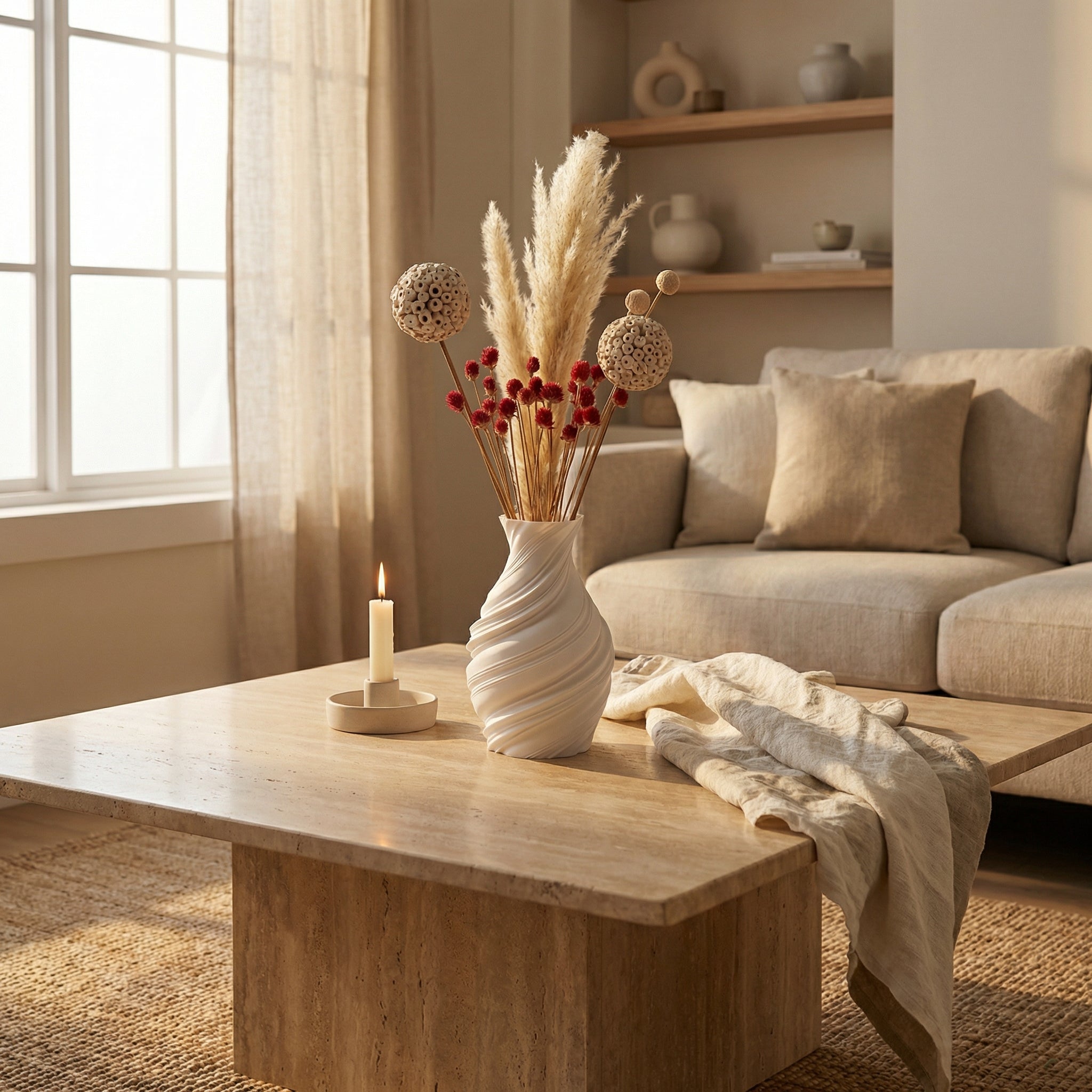 Premium Dry Flower Arrangement – White Pampas, Atta Ball, Billy Ball & Gomphrena | Minimal Botanical Decor (70gm)