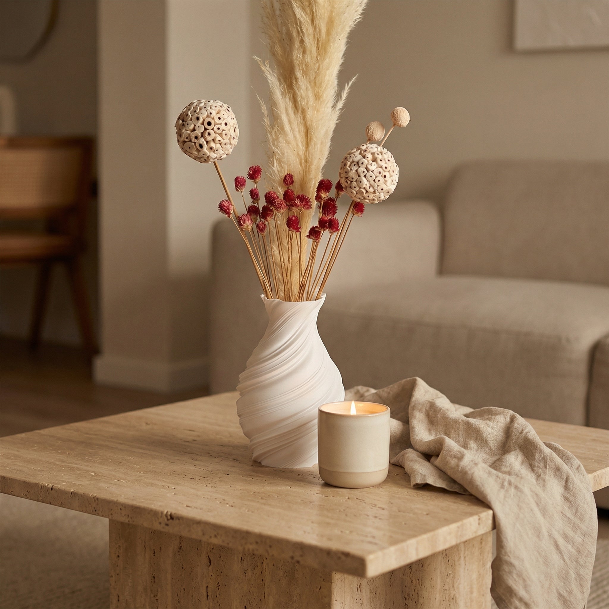 Premium Dry Flower Arrangement – White Pampas, Atta Ball, Billy Ball & Gomphrena | Minimal Botanical Decor (70gm)