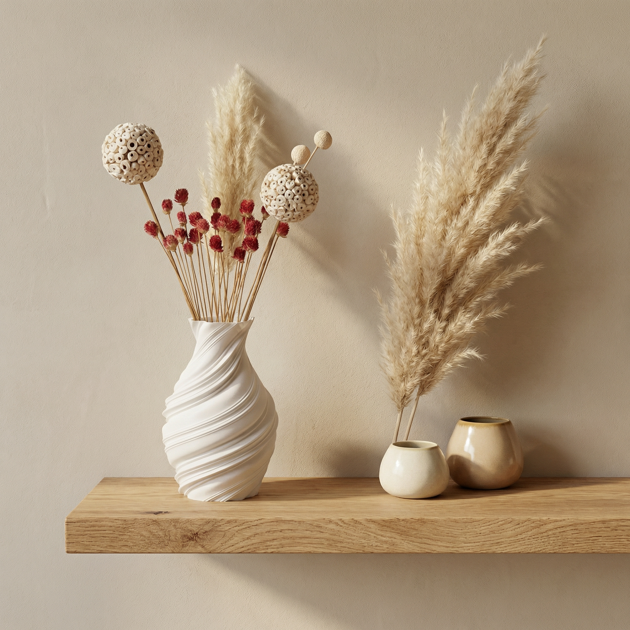 Premium Dry Flower Arrangement – White Pampas, Atta Ball, Billy Ball & Gomphrena | Minimal Botanical Decor (70gm)