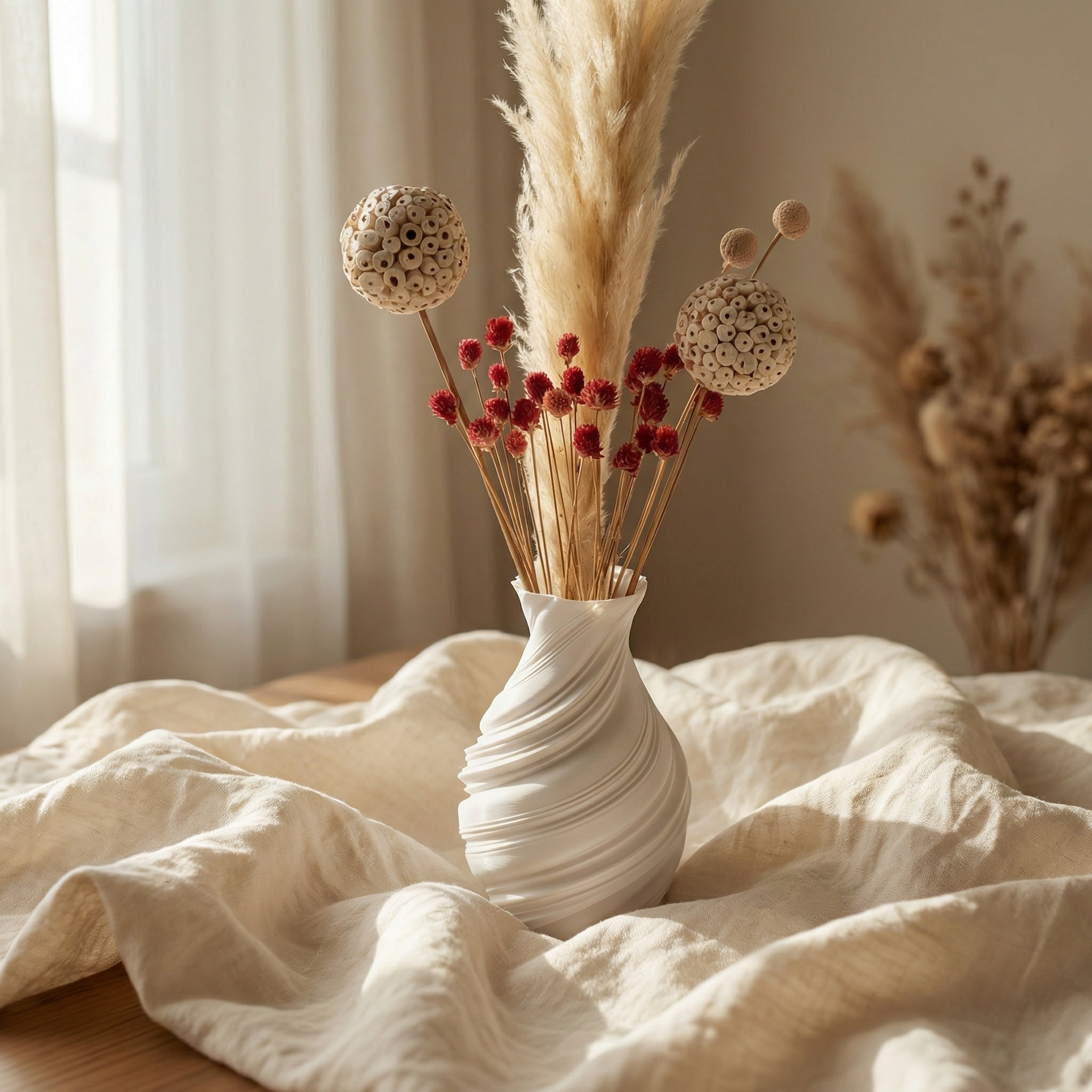 Premium Dry Flower Arrangement – White Pampas, Atta Ball, Billy Ball & Gomphrena | Minimal Botanical Decor (70gm)