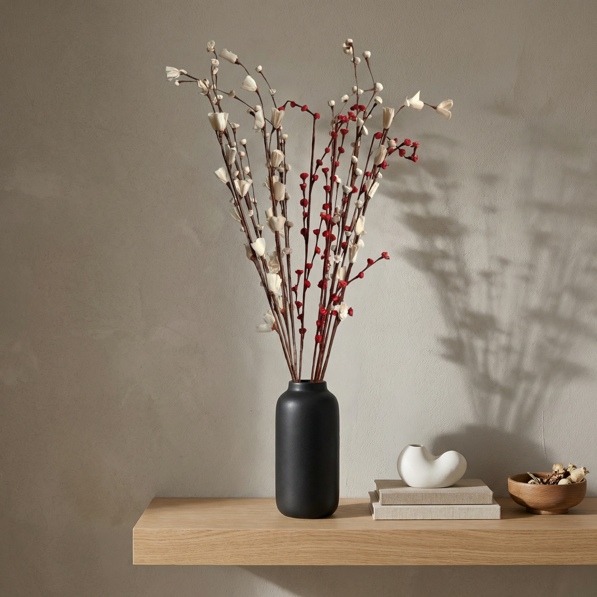 Premium Dry Flower Bunch – White Lily, White Bud Roses & Red Rose Buds | Real Dried Floral Arrangement for Home Decor (130gm)