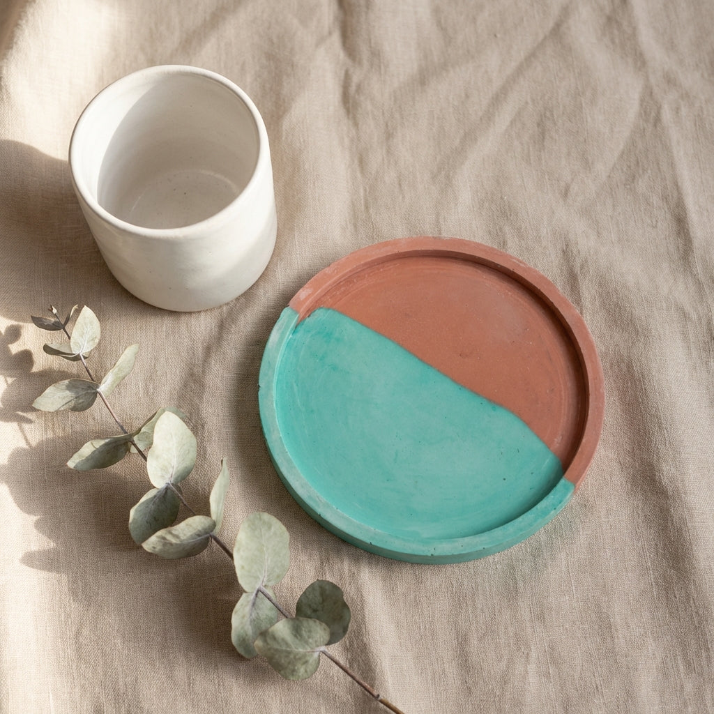 Handmade Jesmonite Round Tray – Teal & Terracotta Modern Coaster