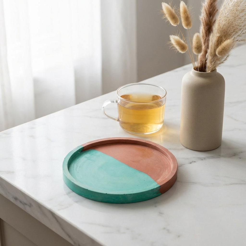 Handmade Jesmonite Round Tray – Teal & Terracotta Modern Coaster