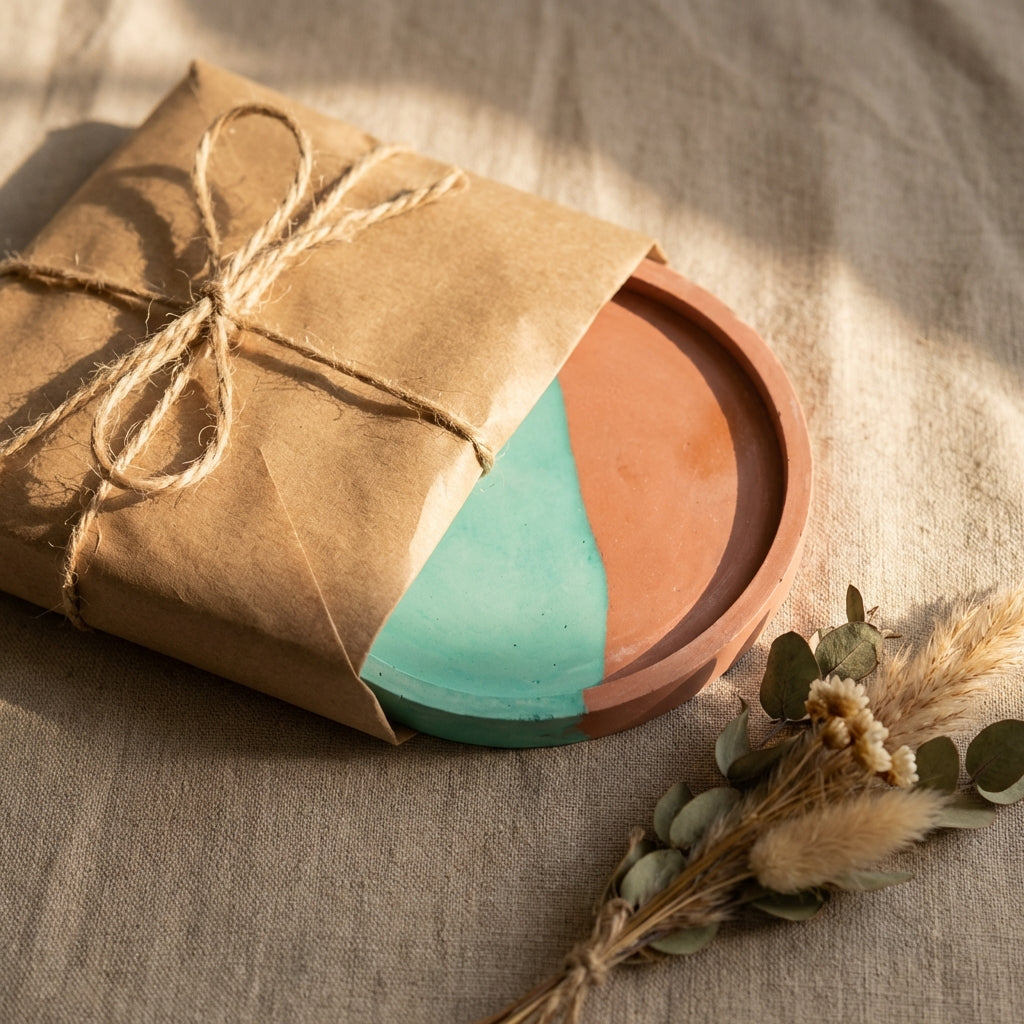 Handmade Jesmonite Round Tray – Teal & Terracotta Modern Coaster