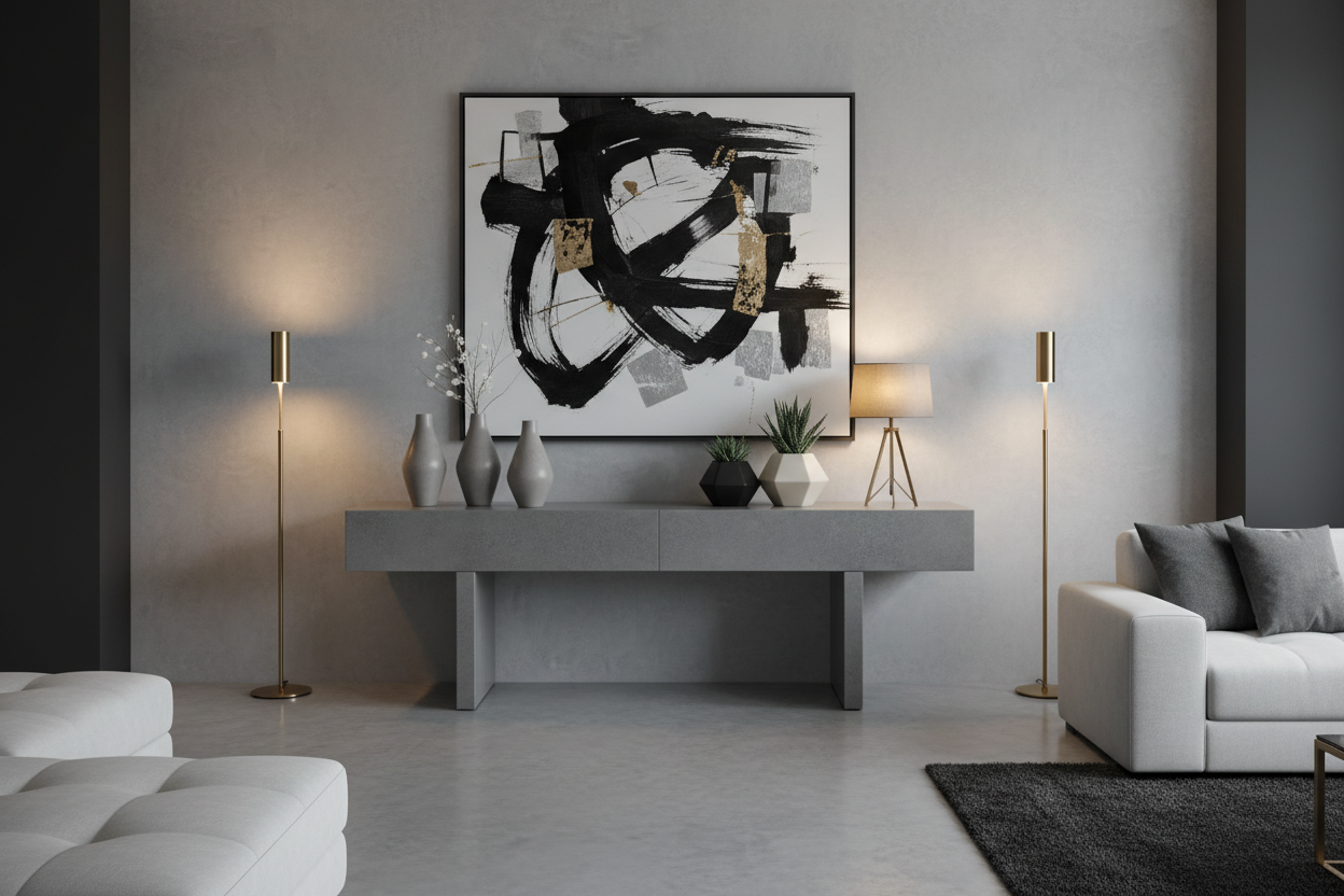 Modern minimalist living room hero image in shades of gray, white, and charcoal. The setup features Artha Living’s vases, planters, and lamps arranged on a sleek concrete or matte gray console table. Two tall stand lamps emit soft, dim golden light creating contrast against the cool gray background. Add a large abstract black-and-white painting with subtle metallic accents on the wall. The overall ambiance is calm, sophisticated, and design-led — with balanced lighting, clean lines, and premium lifestyle co